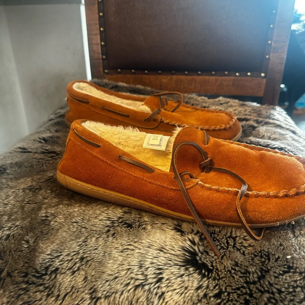 J. Crew Sherpa Lined Suede Brown Moccasin Slippers, Size 12